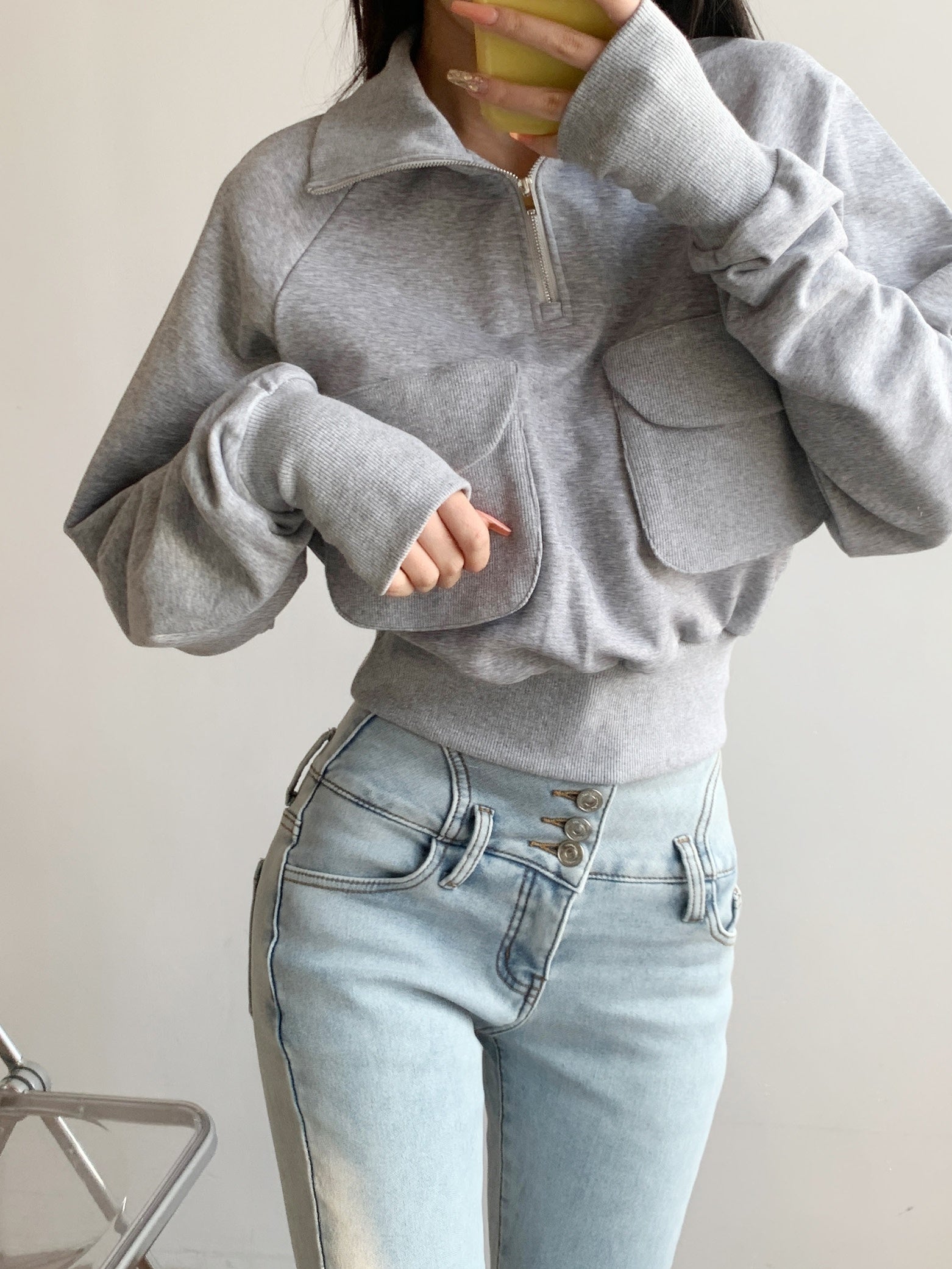 Loose Casual Stand Collar Half Zip Pullover Slimming Sweater Jacket