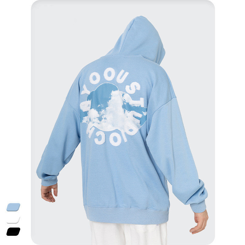 White Cloud Print Loose Men's Sweatshirt Hoodie