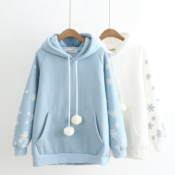 Snowflake Embroidery Hooded Fleece Lined Sweater Women