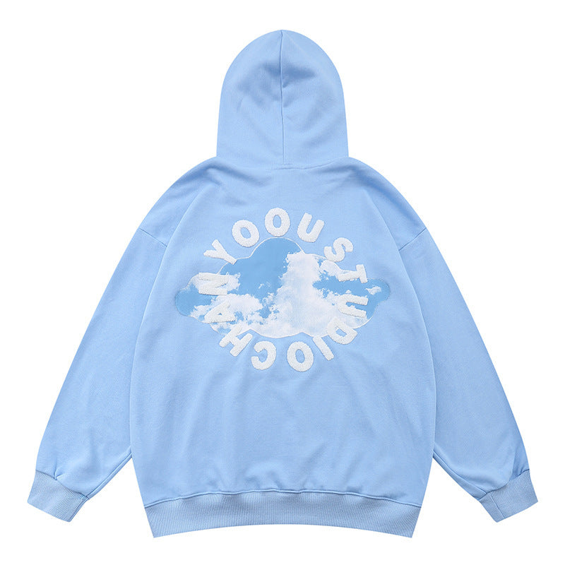 White Cloud Print Loose Men's Sweatshirt Hoodie