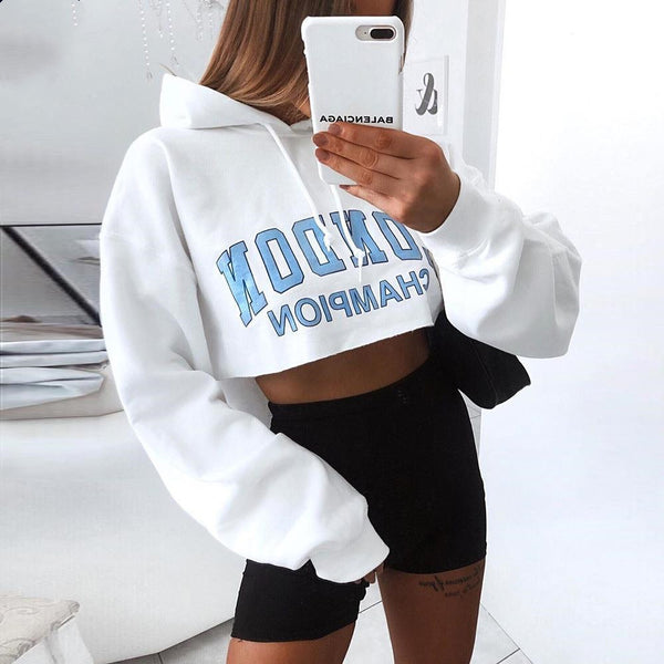 Long Sleeve Short Sweatshirt Blue Letter White Hooded Cropped Hoodies