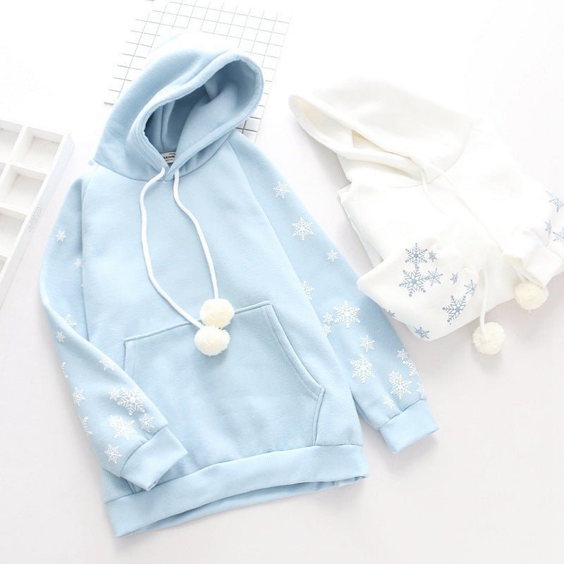 Snowflake Embroidery Hooded Fleece Lined Sweater Women