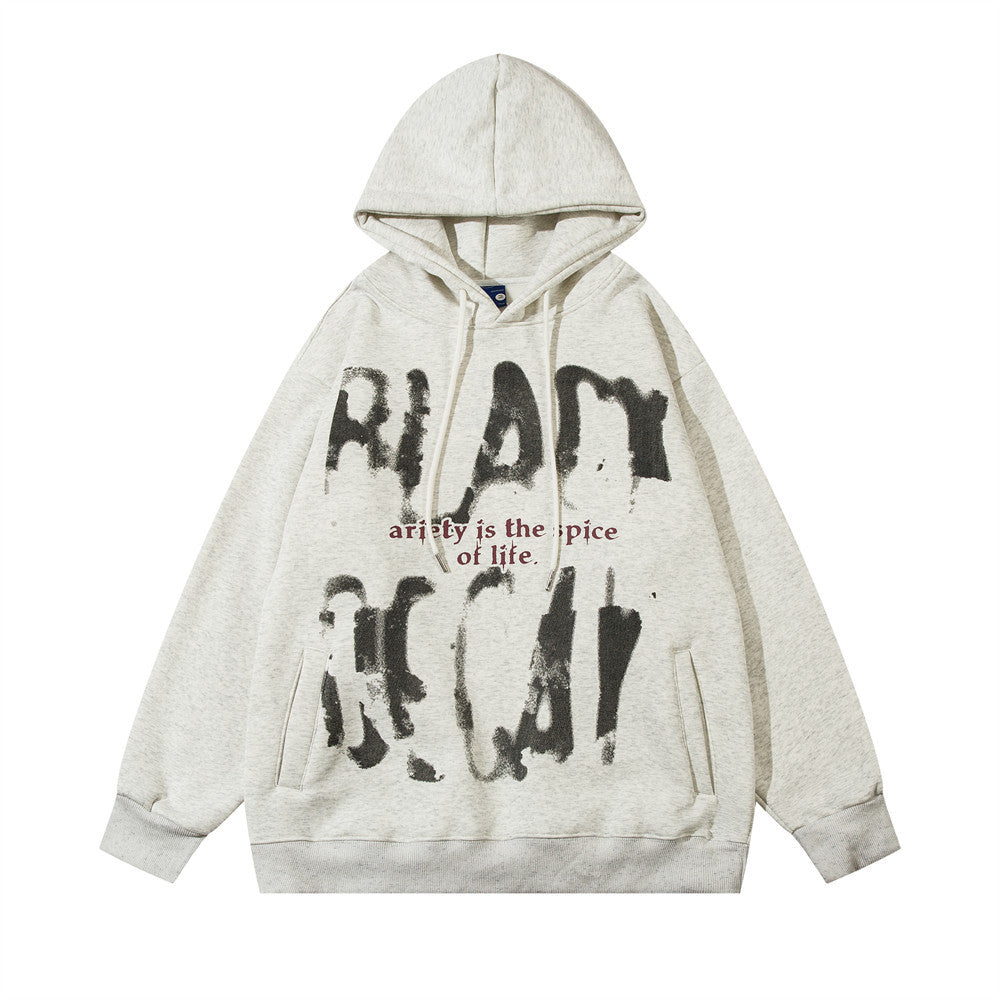 Dark Fuzzy Letters Printed Hoodie Fleece-lined Thickened Autumn And Winter Men's Loose Pullover Hoodie