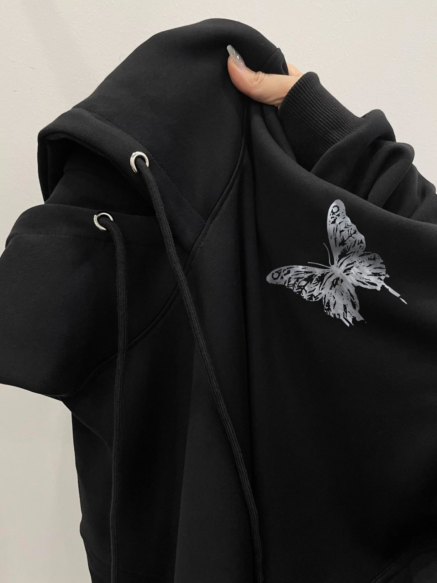 American Retro Butterfly Print Black Hoodie Women