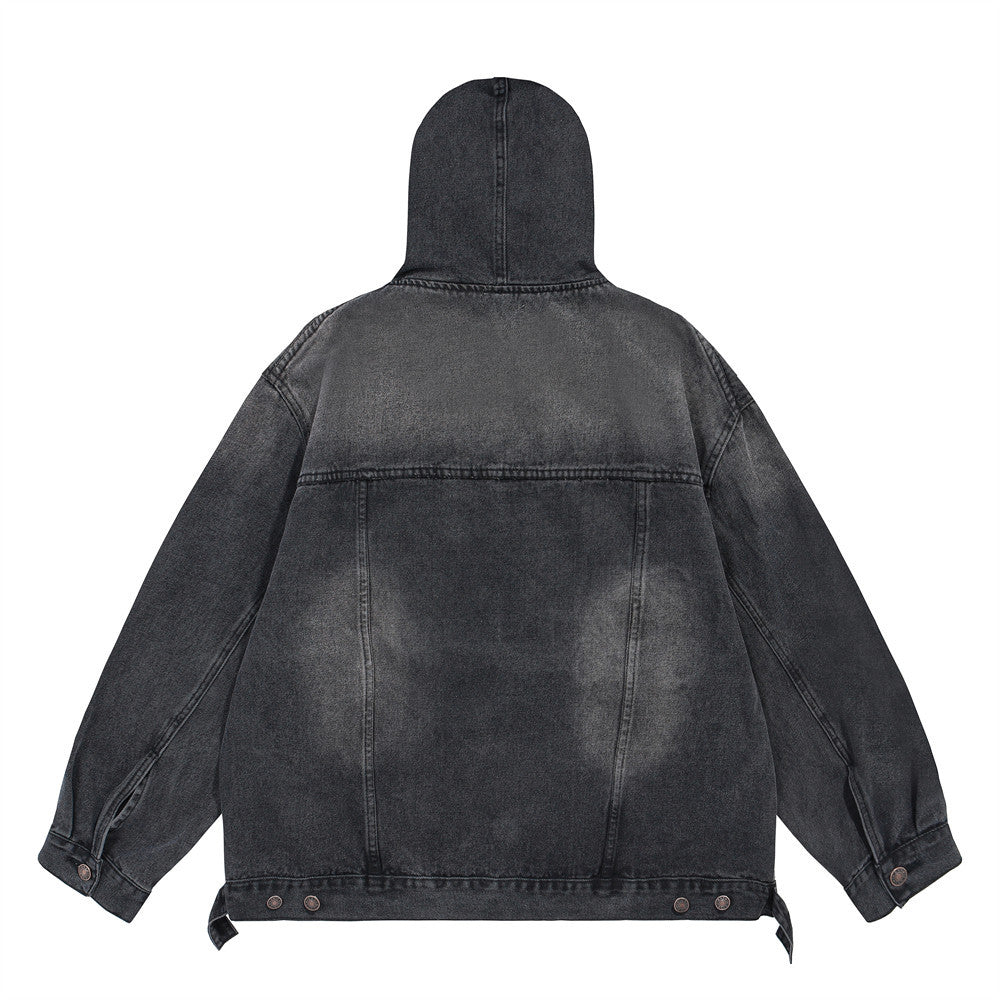 Washed Distressed Stitching Hooded Pullover Denim Hoodie