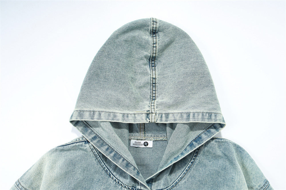 Washed Distressed Stitching Hooded Pullover Denim Hoodie