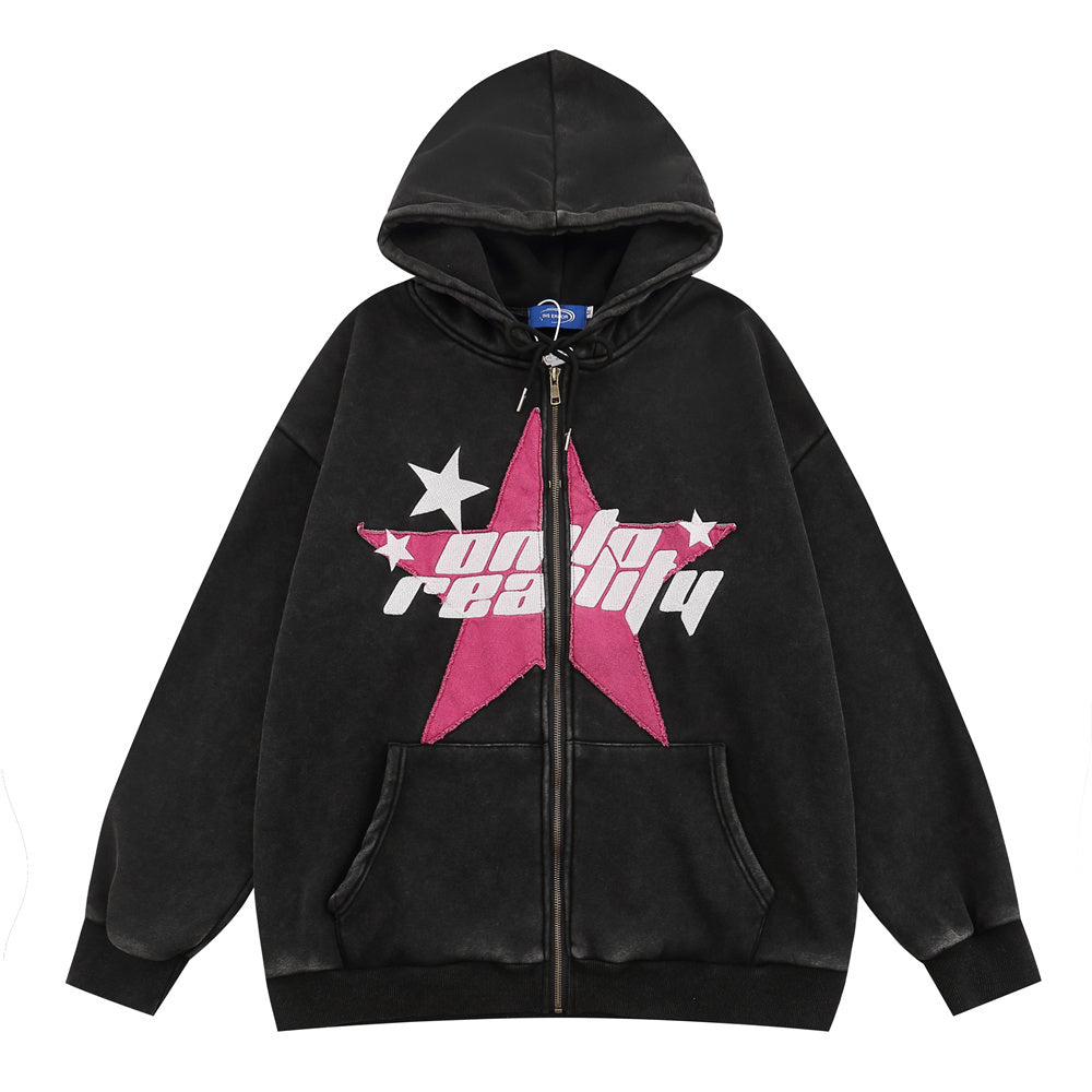 Niche High Street Five-pointed Star Hooded Cardigan Sweater