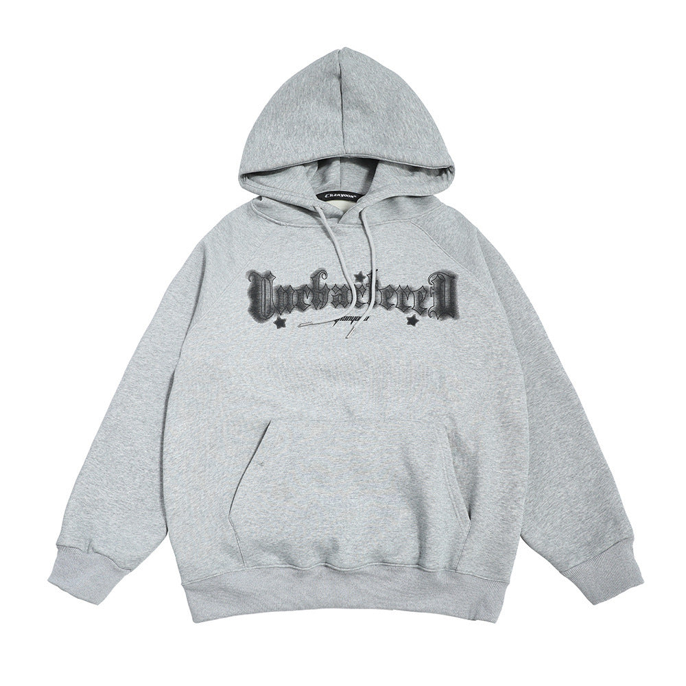 Street American Letter Printing Velvet Padded Hooded Sweatshirt