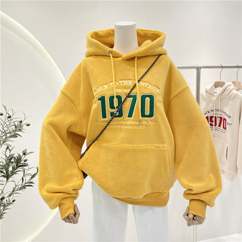 Double Face Fleece Loose Lazy Drawstring Hooded Sweatshirt