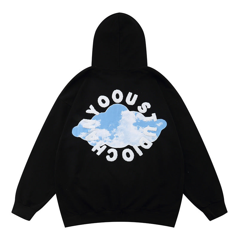 White Cloud Print Loose Men's Sweatshirt Hoodie