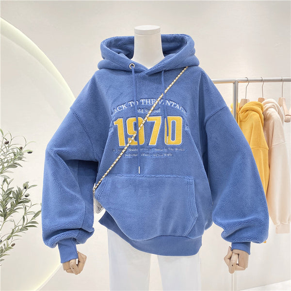 Double Face Fleece Loose Lazy Drawstring Hooded Sweatshirt