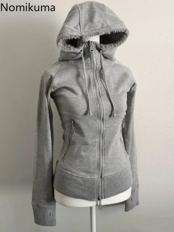 Grey Lamb Wool Double Zipper Hoodies