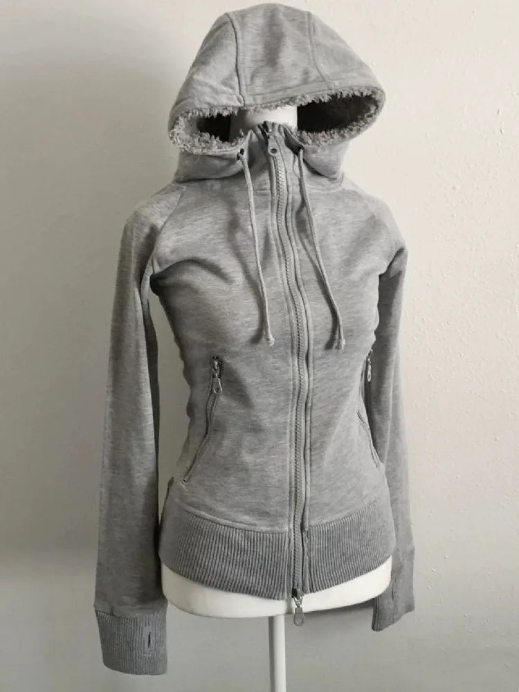 Grey Lamb Wool Double Zipper Hoodies