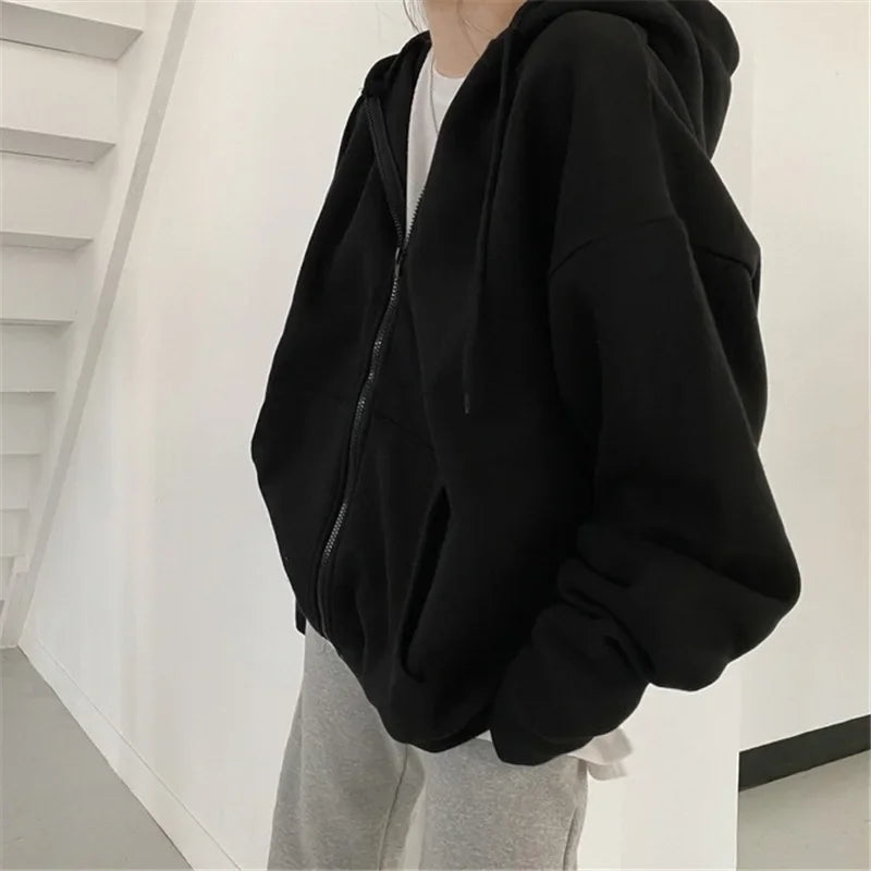 Women Solid Hoodies Coat Harajuku Basic Long Sleeve