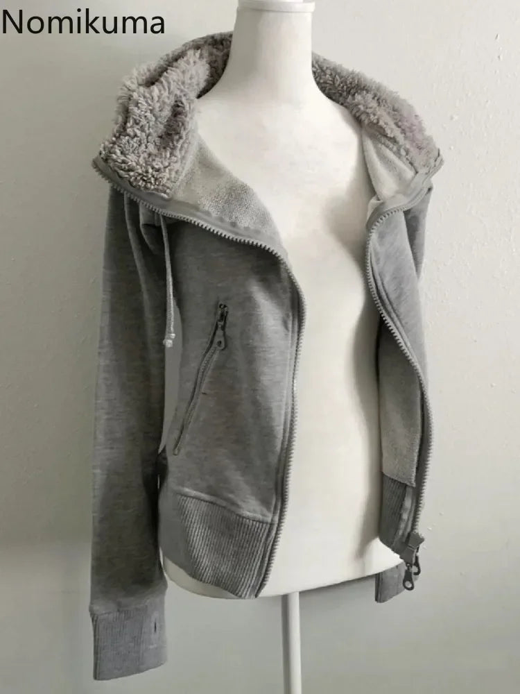 Grey Lamb Wool Double Zipper Hoodies