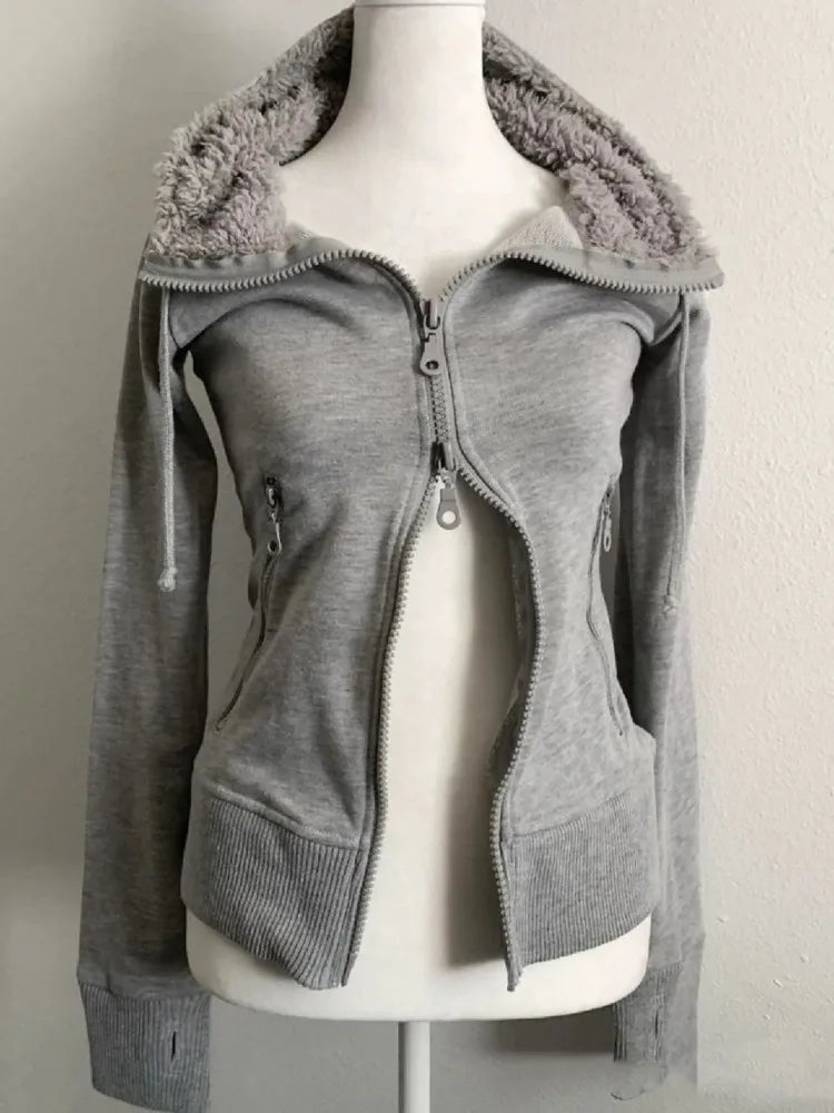 Grey Lamb Wool Double Zipper Hoodies