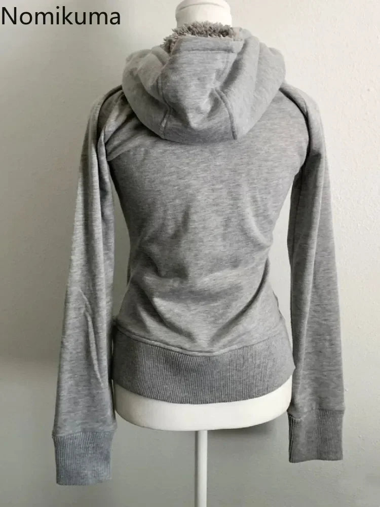 Grey Lamb Wool Double Zipper Hoodies