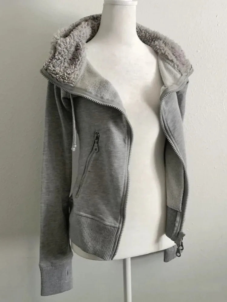 Grey Lamb Wool Double Zipper Hoodies