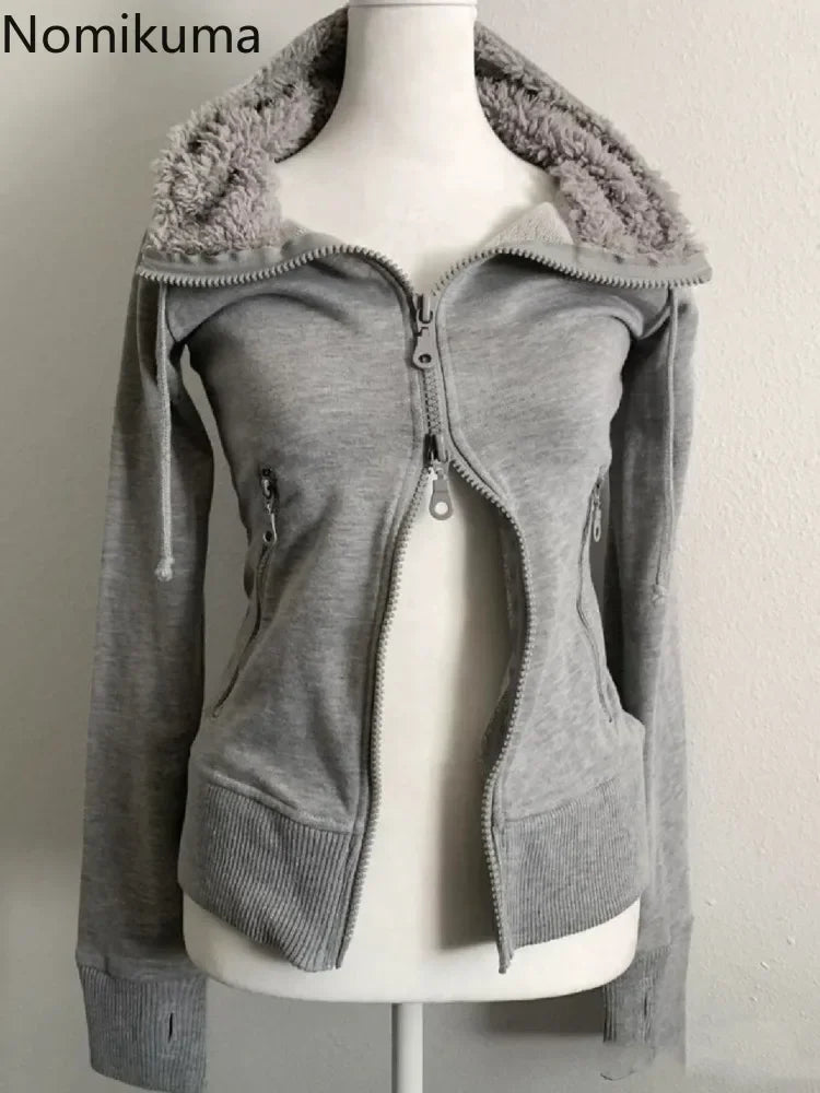 Grey Lamb Wool Double Zipper Hoodies