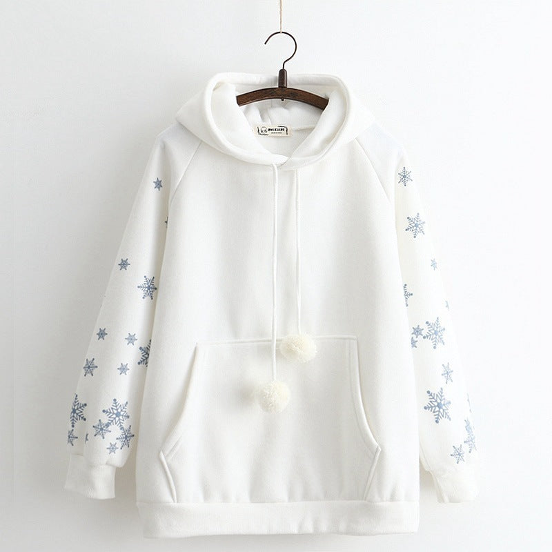 Snowflake Embroidery Hooded Fleece Lined Sweater Women