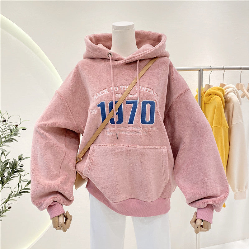 Double Face Fleece Loose Lazy Drawstring Hooded Sweatshirt