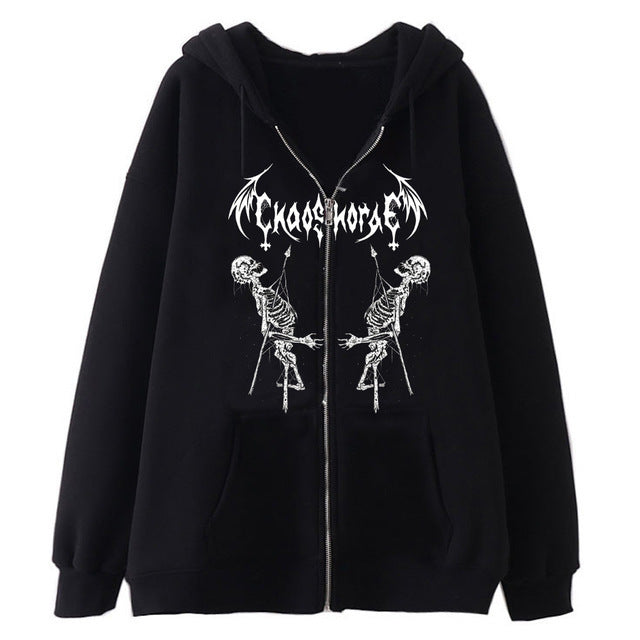 Dark Skull Skeleton Sweatshirt Metal Zipper Sweater