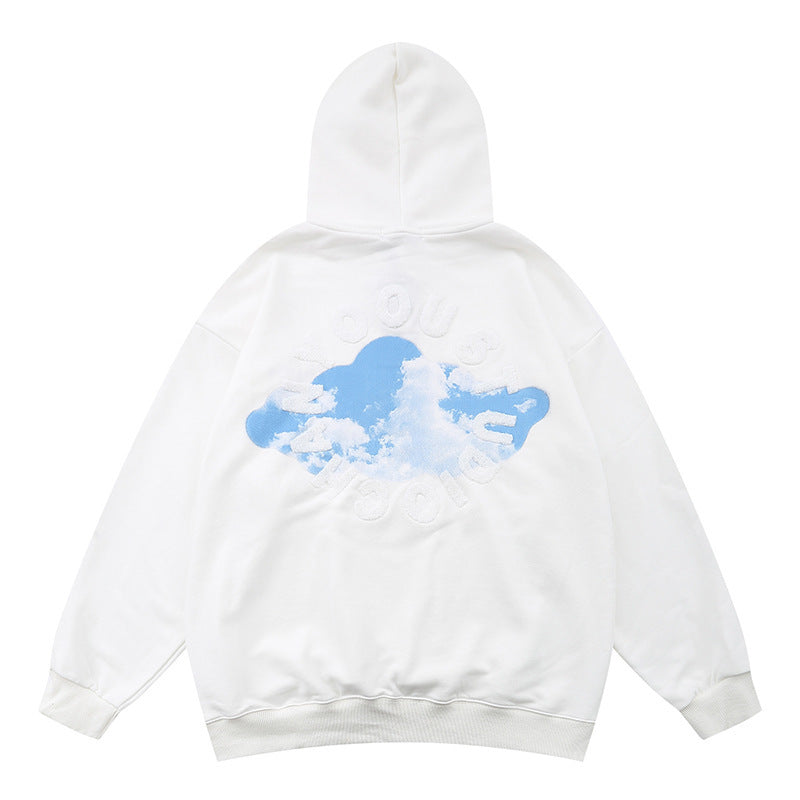 White Cloud Print Loose Men's Sweatshirt Hoodie