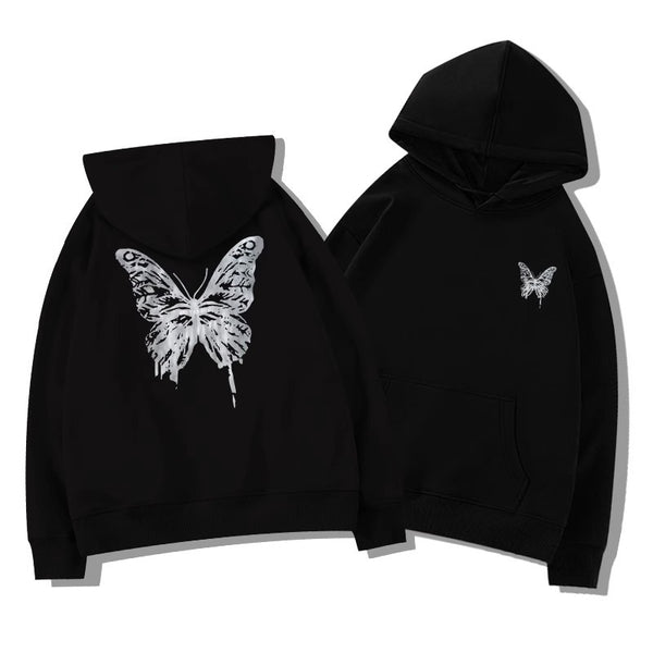 American Retro Butterfly Print Black Hoodie Women