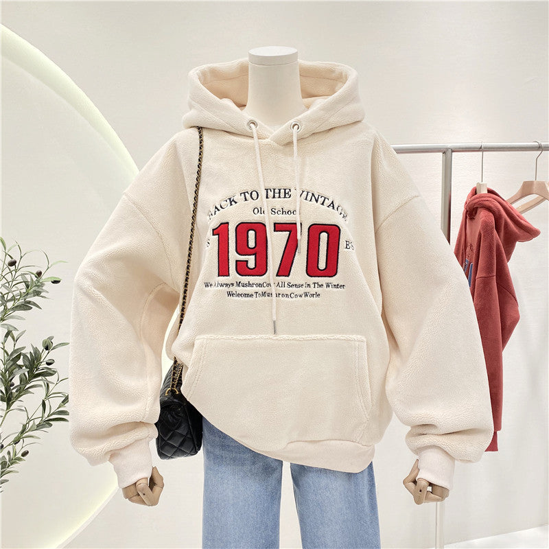 Double Face Fleece Loose Lazy Drawstring Hooded Sweatshirt