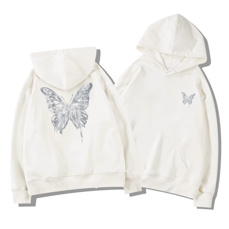 American Retro Butterfly Print Black Hoodie Women