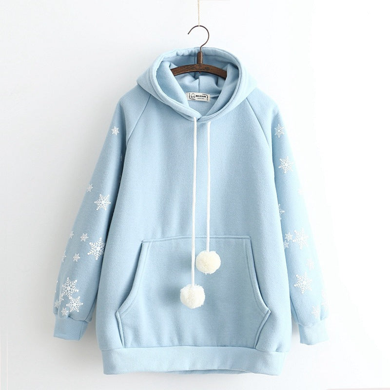 Snowflake Embroidery Hooded Fleece Lined Sweater Women