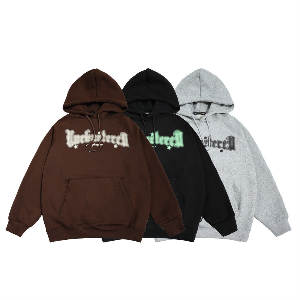 Street American Letter Printing Velvet Padded Hooded Sweatshirt